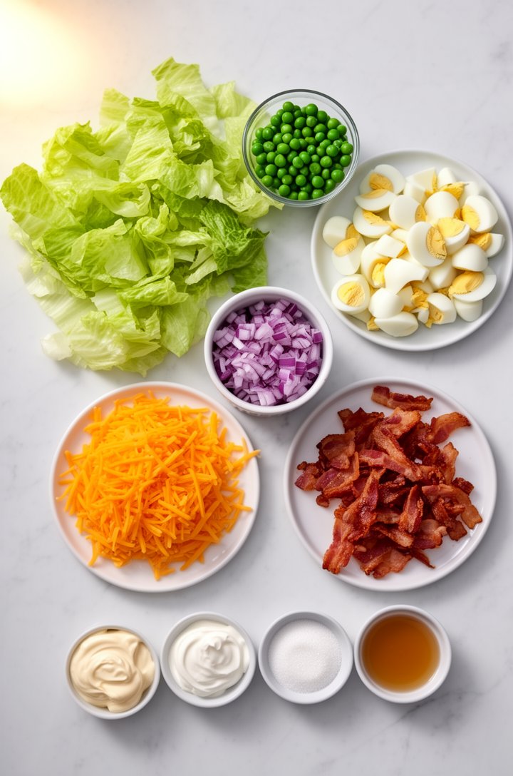 Overhead flat-lay mise en place of all 7 layer salad ingredients arranged on a white marble countertop: a head of iceberg lettuce torn into pieces, a small glass bowl of bright green thawed peas, a pl
