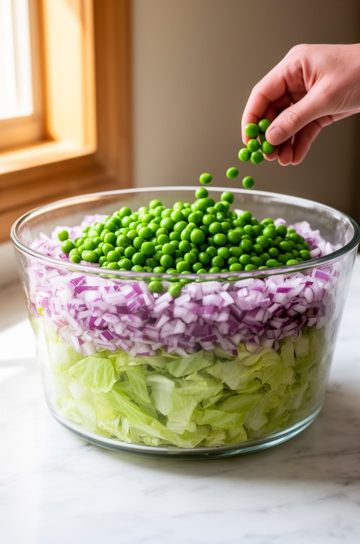 Side-angle eye-level shot of a large clear glass trifle bowl showing the first three layers being built: chopped iceberg lettuce packed at the bottom, a thin band of diced purple-red onion in the midd