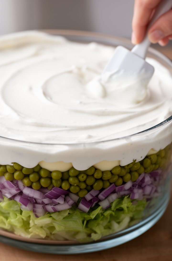 Close-up 45-degree angle of the dressing being spread over the egg layer in the glass trifle bowl with a small offset spatula, the white creamy dressing being pushed to the edge of the glass to create