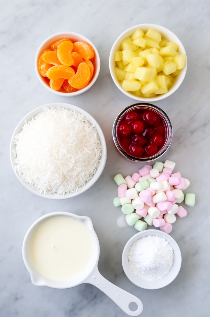 Overhead flat-lay of ambrosia salad ingredients arranged on a light gray marble surface — a small bowl of bright orange mandarin orange segments, a bowl of pale yellow pineapple tidbits, a jar of glos