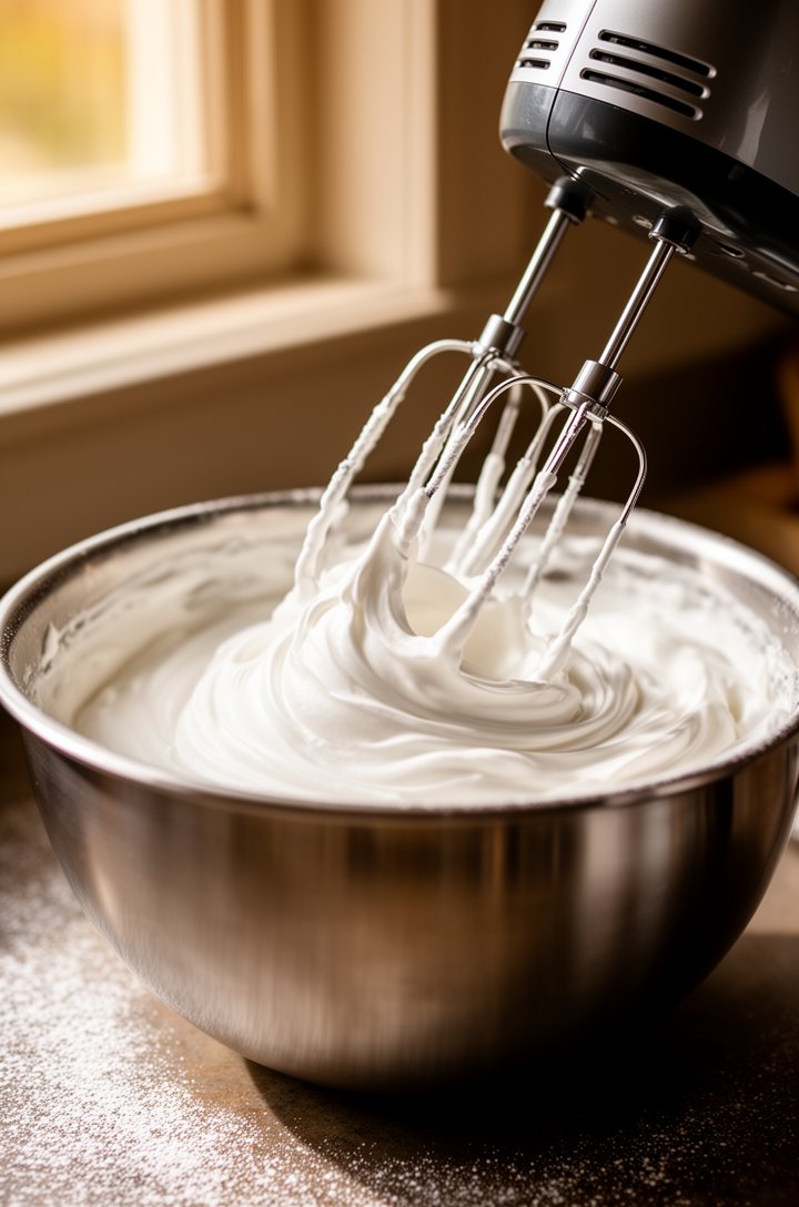 Close-up 45-degree angle shot of electric hand mixer beaters being lifted from a bowl of freshly whipped cream showing tall stiff white peaks, the cream is billowy and glossy with perfect texture, sta