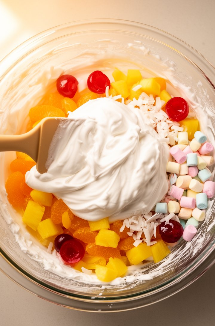 Overhead shot of a rubber spatula folding fluffy white whipped cream into a large clear glass bowl filled with bright mandarin oranges, red cherry halves, yellow pineapple chunks, white coconut shreds