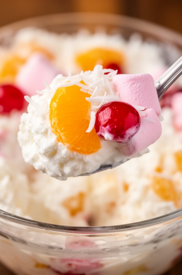 Extreme close-up macro shot of a spoonful of ambrosia fruit salad being lifted from a clear glass bowl, fluffy white whipped cream coating a bright orange mandarin segment and a red cherry half, stran