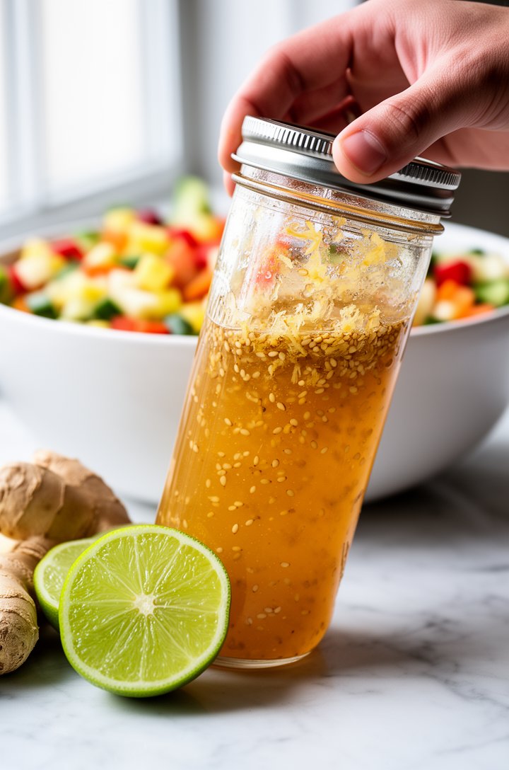 Close-up 45-degree angle of a mason jar being shaken with golden amber sesame ginger dressing inside, visible sesame seeds and grated ginger floating in the emulsion, a hand gripping the jar lid, a ha