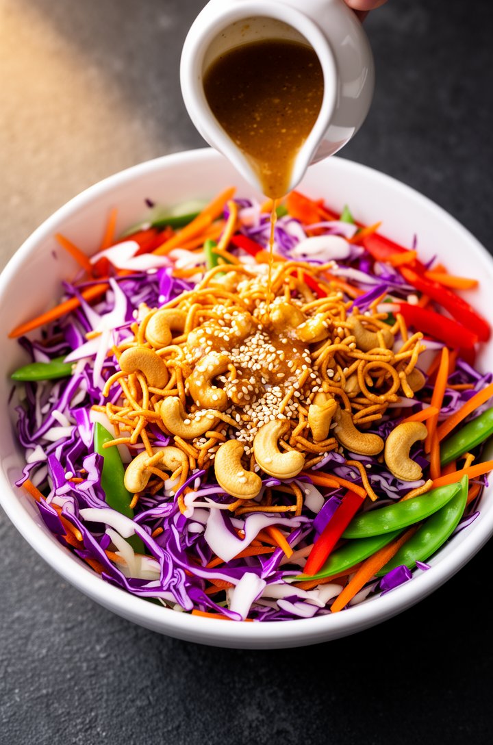 Overhead action shot of amber sesame ginger dressing being poured from a small white ceramic pitcher onto a large white bowl overflowing with colorful Asian chopped salad — vivid purple and white cabb