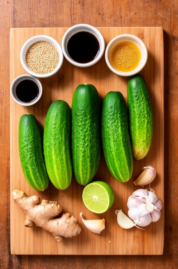 Overhead flat-lay of fresh whole Persian cucumbers on a wooden cutting board alongside small pinch bowls of toasted sesame seeds, rice vinegar, soy sauce, sesame oil, and a halved lime, a knob of fres