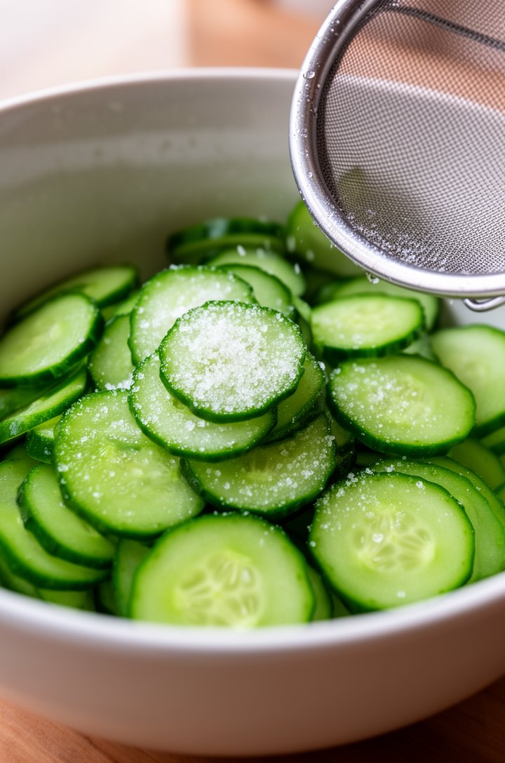 Close-up 45-degree angle of thinly sliced bright green cucumber rounds in a mixing bowl being tossed with salt, visible moisture beads forming on the cucumber surfaces, a fine mesh strainer visible in