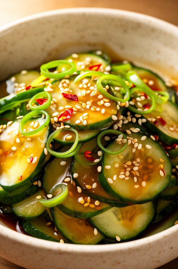 Extreme close-up macro shot of the finished Asian cucumber salad, thinly sliced glistening green cucumbers coated in glossy amber sesame-soy dressing, white and golden toasted sesame seeds scattered a