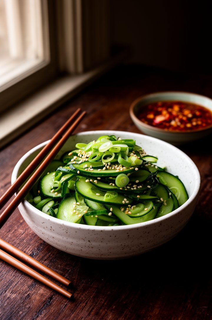 Side-angle shot of Asian cucumber salad served in a white speckled ceramic bowl on a dark wood table, wooden chopsticks resting beside the bowl, the salad piled high with visible layers of dressed cuc