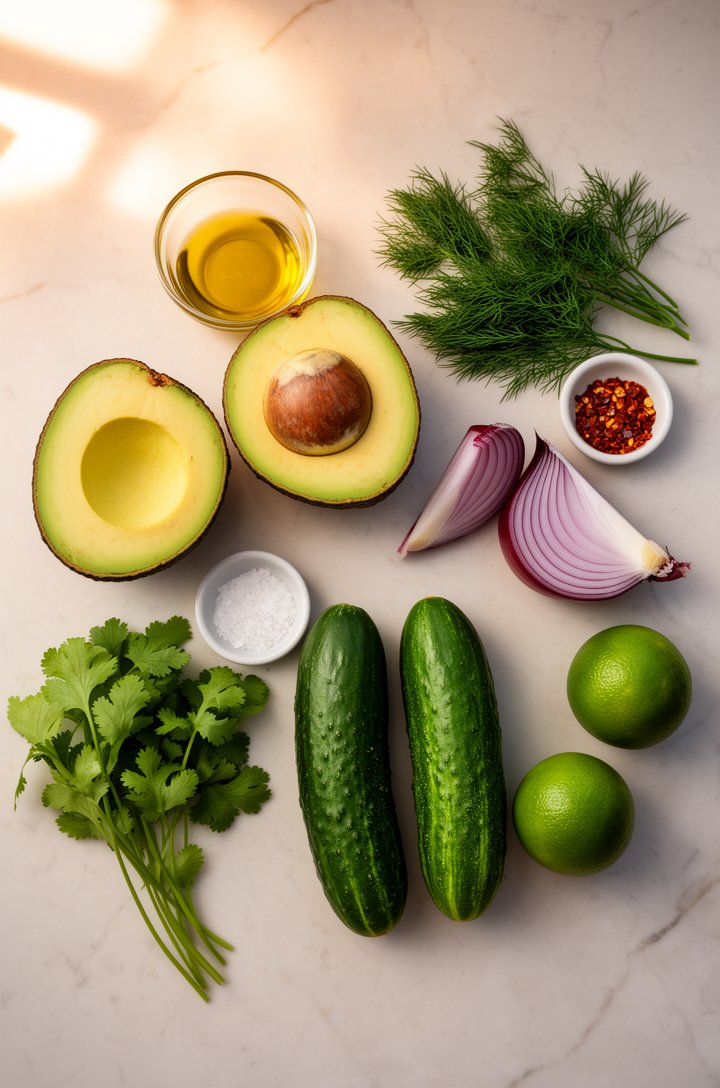 Overhead flat-lay of ingredients for avocado salad arranged on a light marble countertop — two halved ripe avocados with pit visible showing creamy yellow-green flesh, three whole Persian cucumbers, a