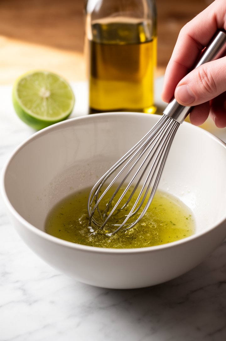Close-up 45-degree angle of a hand whisking lime juice and olive oil dressing in the bottom of a large white ceramic bowl, the dressing slightly cloudy and emulsified, a halved lime and olive oil bott