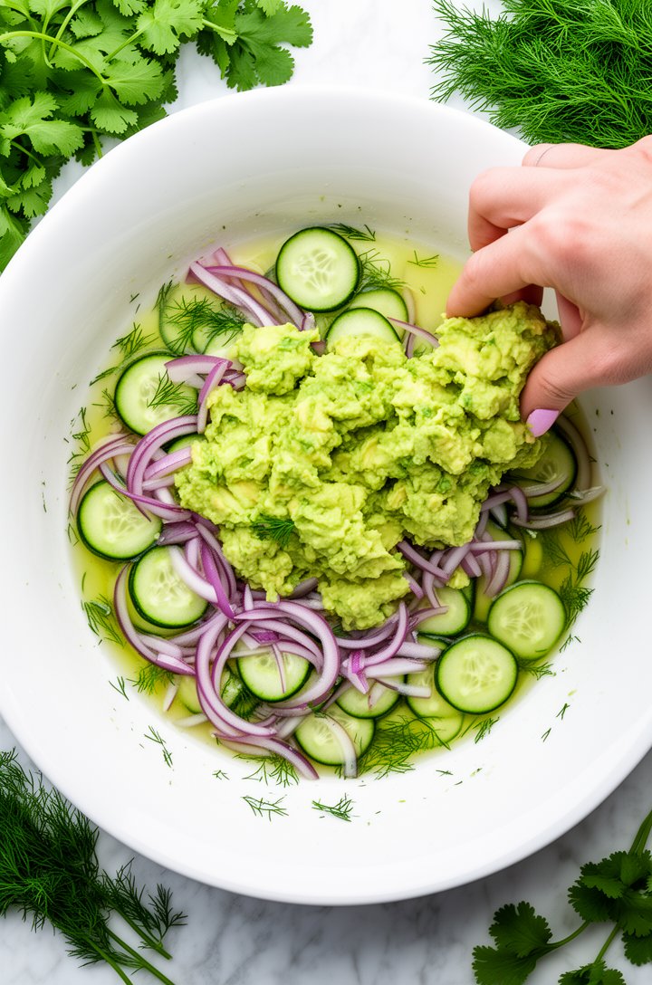 Overhead shot looking directly into a large white serving bowl with thin cucumber rounds and purple-red onion slivers sitting in lime dressing, chunky pale-green avocado pieces being added on top by a