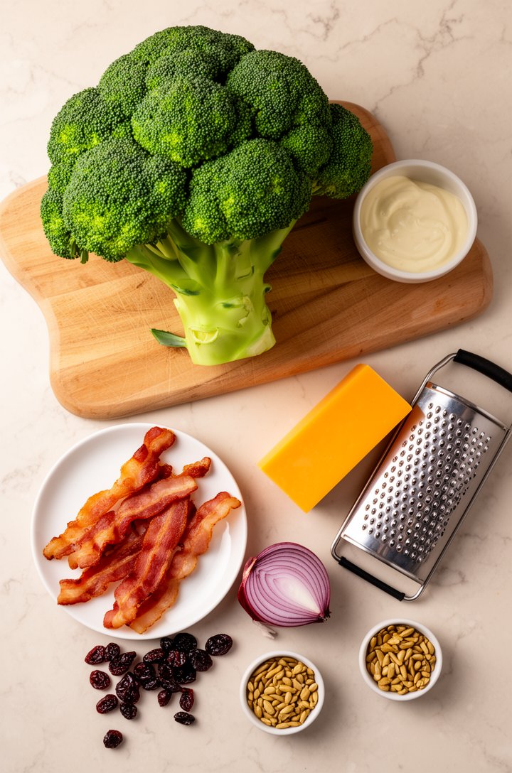 Overhead flat-lay of broccoli salad ingredients arranged on a light marble countertop — a large head of bright green broccoli on a wooden cutting board, a small white bowl of creamy dressing, a plate 