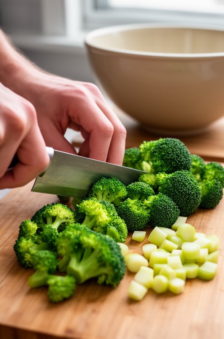 Close-up 45-degree angle shot of a hand using a sharp knife to cut bright green broccoli into small bite-sized florets on a wooden cutting board, a pile of perfectly cut quarter-sized florets visible 
