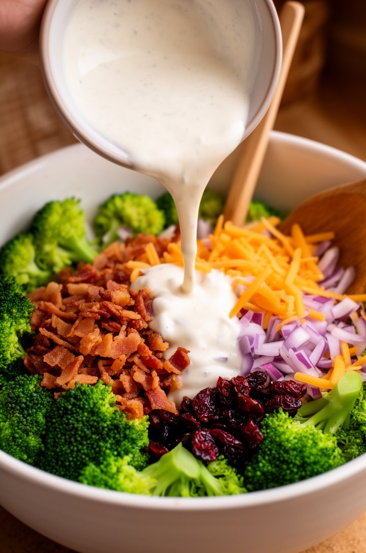 Action shot from a 30-degree side angle of creamy white dressing being poured from a small bowl over a large mixing bowl filled with bright green broccoli florets, crumbled golden bacon, shredded oran