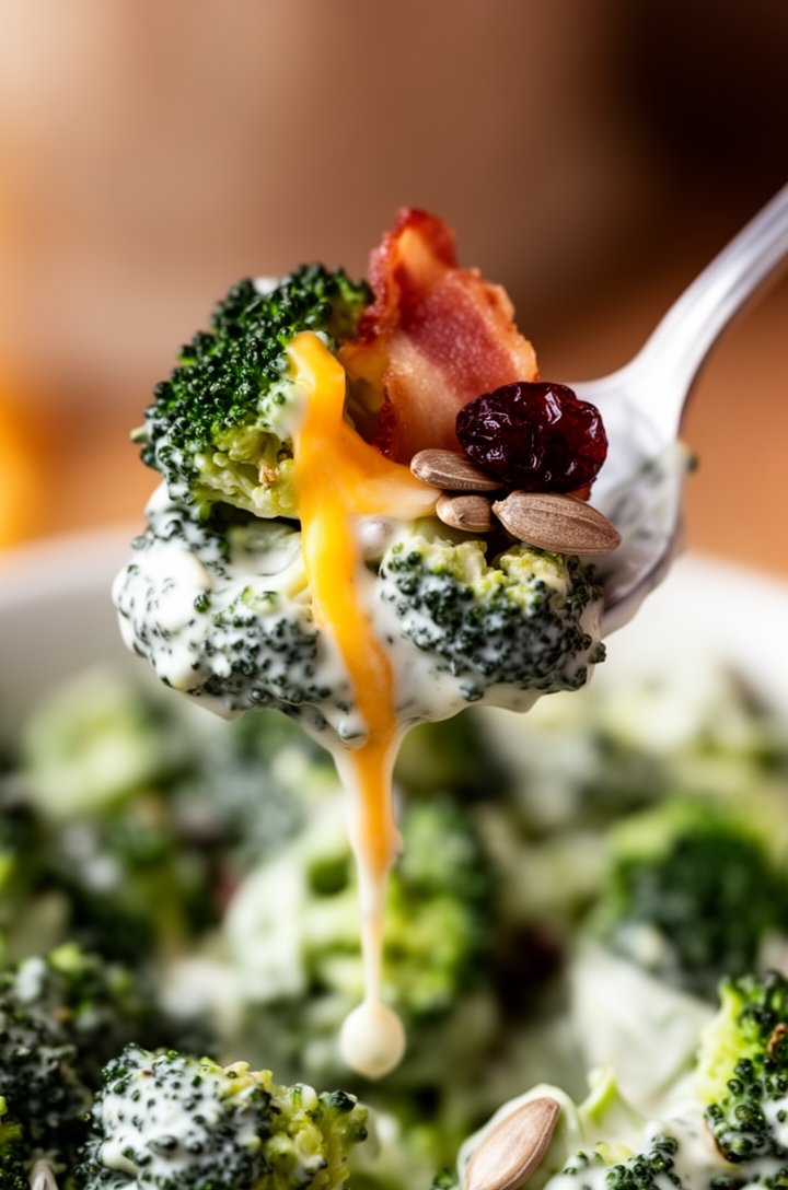 Extreme close-up macro shot of a single generous spoonful of broccoli salad being lifted from the bowl, showing the creamy dressing clinging to dark green florets, a chunk of crispy bacon and a strand