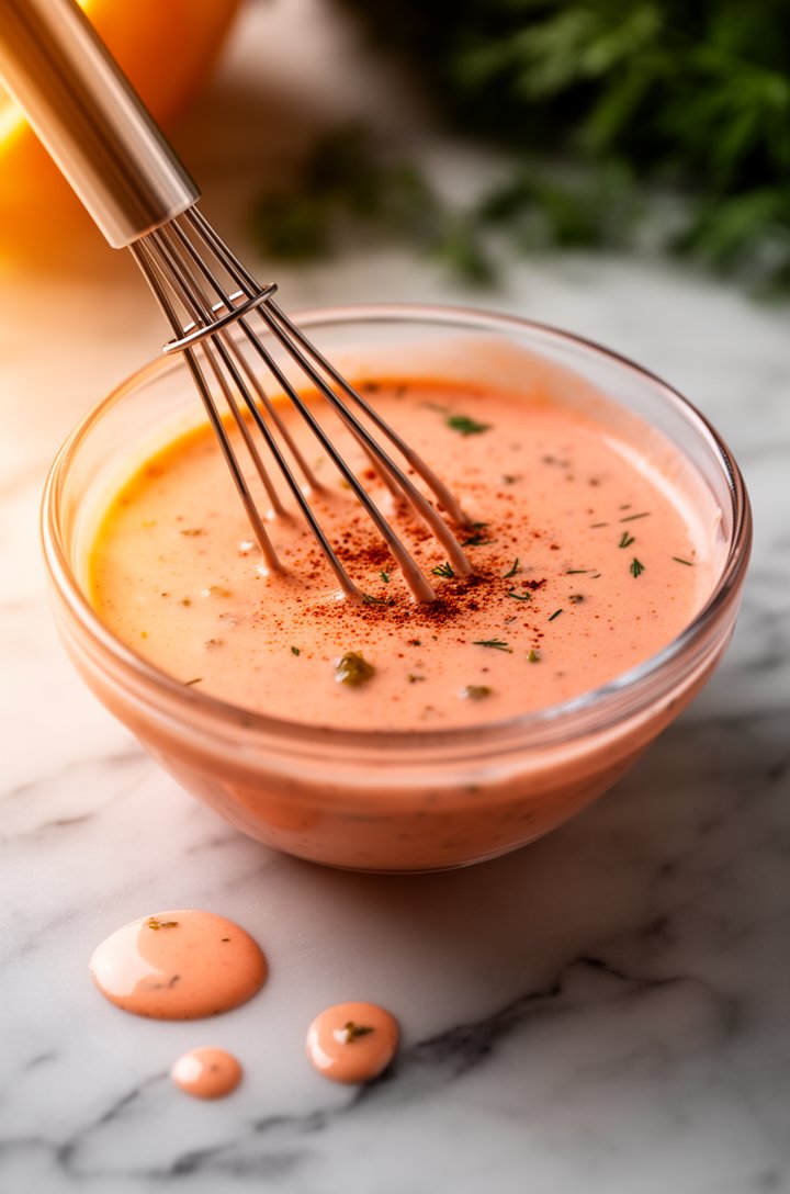 Close-up 45-degree angle of a small glass bowl of creamy orange-pink Big Mac dressing being whisked with a small whisk, visible flecks of dill relish and smoked paprika suspended in the creamy sauce, 