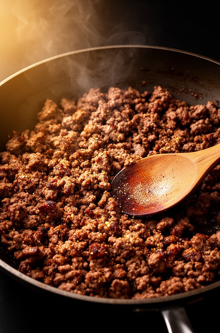 Slightly overhead 30-degree angle of seasoned ground beef crumbles sizzling in a large dark skillet, beef deeply browned with crispy caramelized edges, visible seasoning specks of garlic and onion pow
