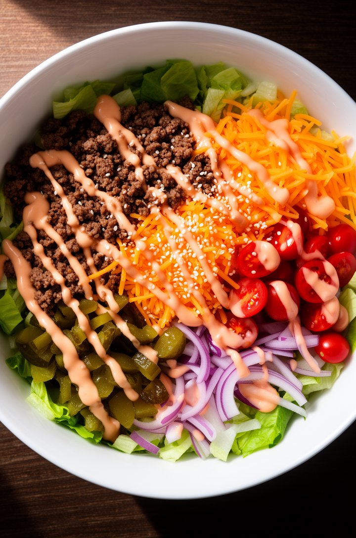 Extreme close-up overhead shot looking directly down into a wide white bowl of assembled big mac salad, sectioned arrangement with chopped romaine lettuce as the base, browned ground beef crumbles in 