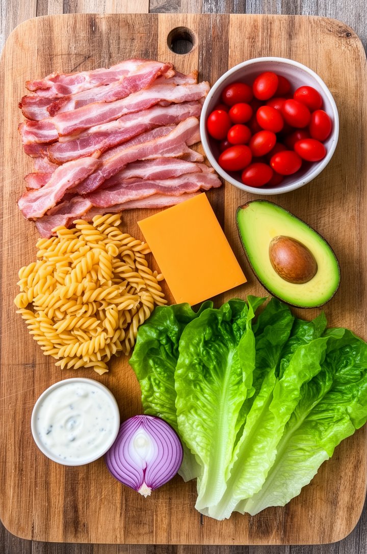 Overhead flat-lay of all BLT pasta salad ingredients arranged on a rustic wooden cutting board before assembly — a pile of raw thick-cut bacon strips, a mound of uncooked rotini pasta, a small bowl of