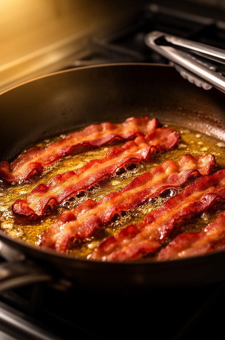 Close-up 30-degree angle of crispy bacon strips cooking in a large dark skillet, bacon deeply caramelized and reddish-brown with edges curling, rendered golden fat pooling in the pan around the strips