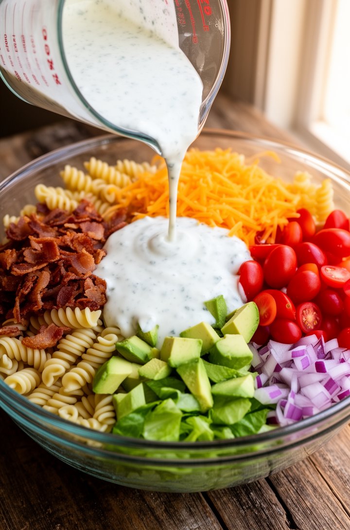 Action shot at 45-degree angle of creamy ranch dressing being poured from a glass measuring cup over a large glass bowl filled with cooled rotini pasta, crumbled bacon, halved red grape tomatoes, dice