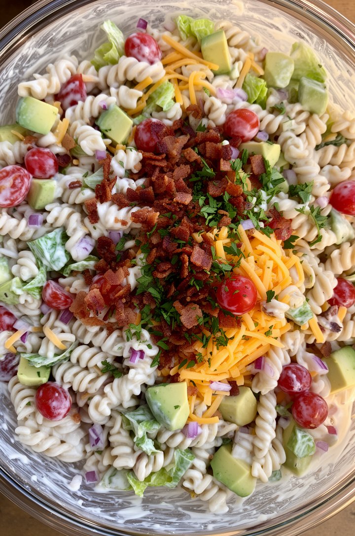Extreme close-up overhead shot looking directly down into a large glass serving bowl of fully tossed BLT pasta salad, creamy white dressing coating rotini spirals, visible crispy bacon crumbles with d