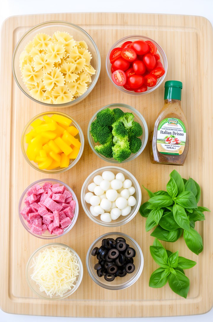 Overhead flat-lay of all bowtie pasta salad ingredients arranged in small glass prep bowls on a light wood cutting board — a bowl of raw farfalle pasta, halved bright red cherry tomatoes, small green 