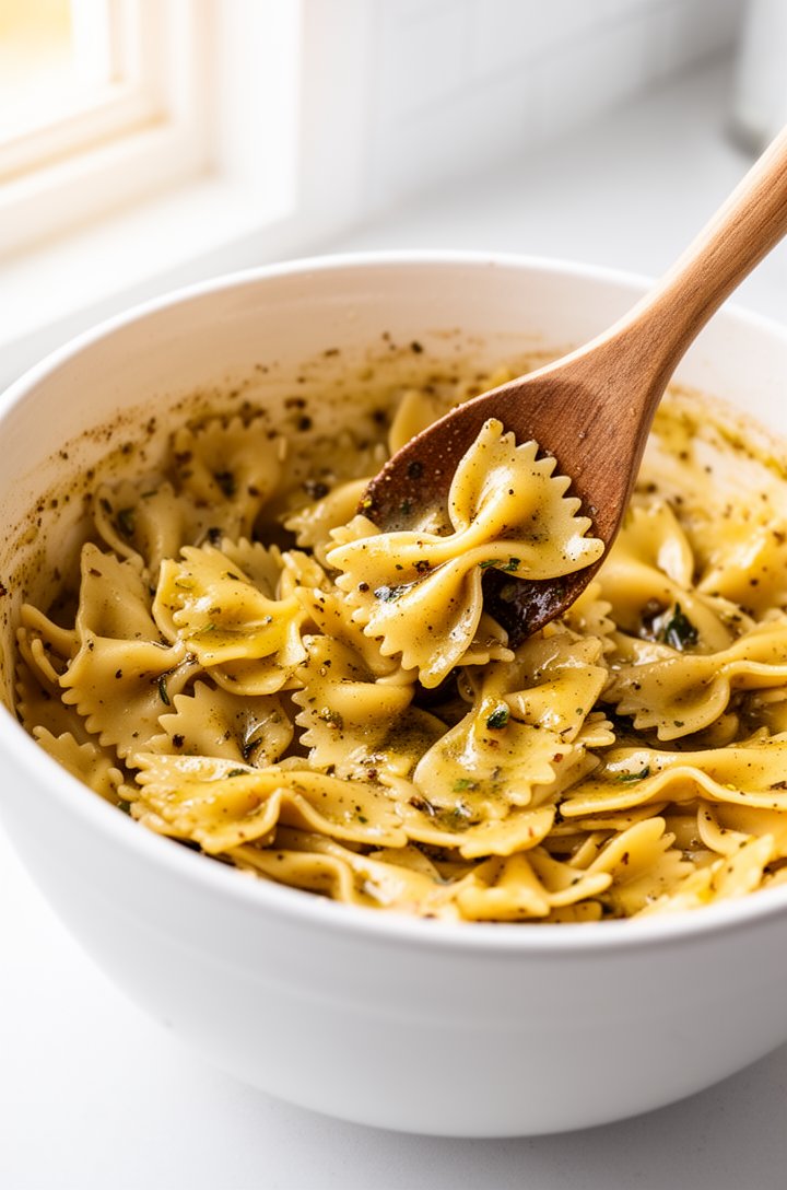 Close-up 45-degree angle of cooked bowtie farfalle pasta being tossed with golden Italian dressing in a large white ceramic mixing bowl, pasta glistening with dressing coating, visible herbs and spice