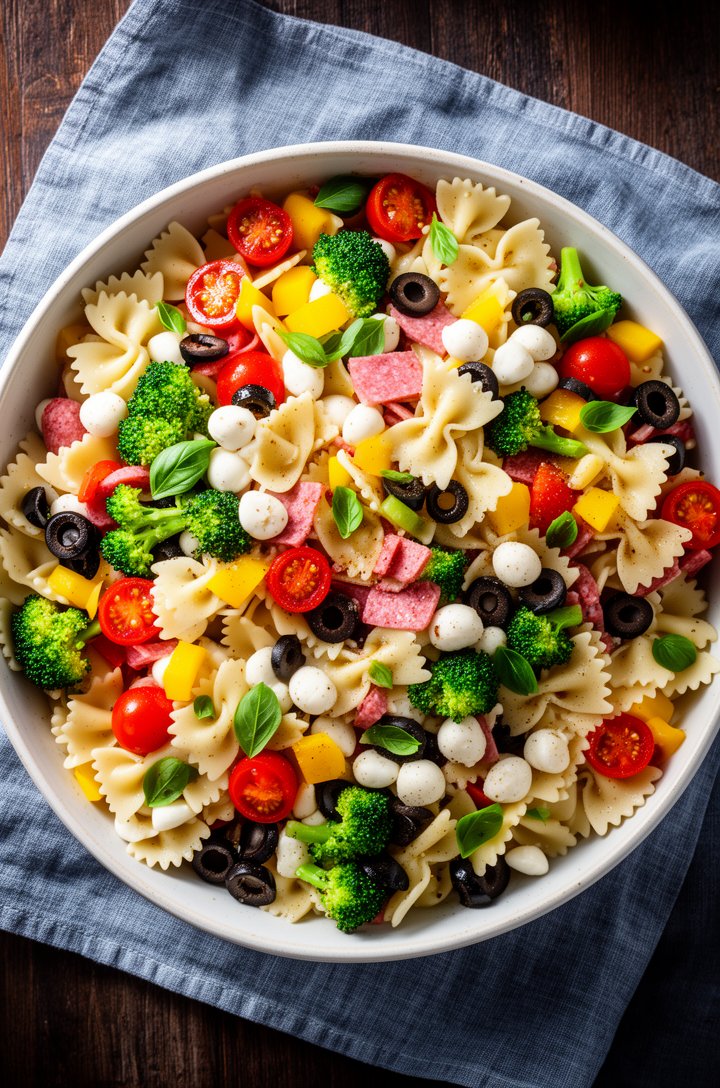 Overhead shot looking directly down into a large bowl of finished bowtie pasta salad, cream-colored farfalle mixed with bright red halved cherry tomatoes, dark sliced black olives, vivid green broccol