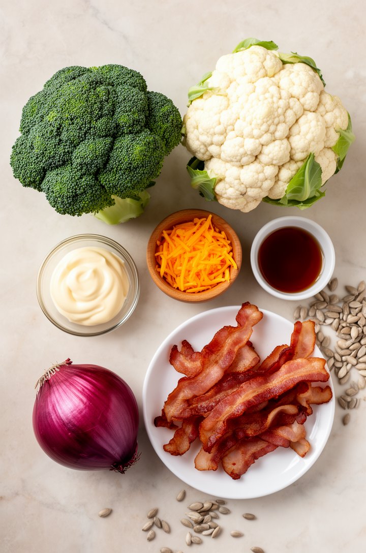 Overhead flat-lay of recipe ingredients arranged on a light marble countertop — a head of broccoli and a head of cauliflower side by side, a small glass bowl of mayonnaise, a wooden pinch bowl of suga