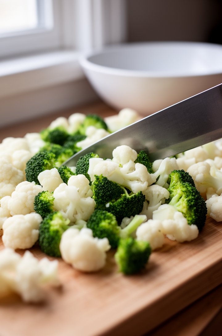 Close-up 30-degree angle of small broccoli and cauliflower florets being cut on a wooden cutting board, a sharp chef's knife mid-action, uniform grape-sized pieces already cut and scattered across the