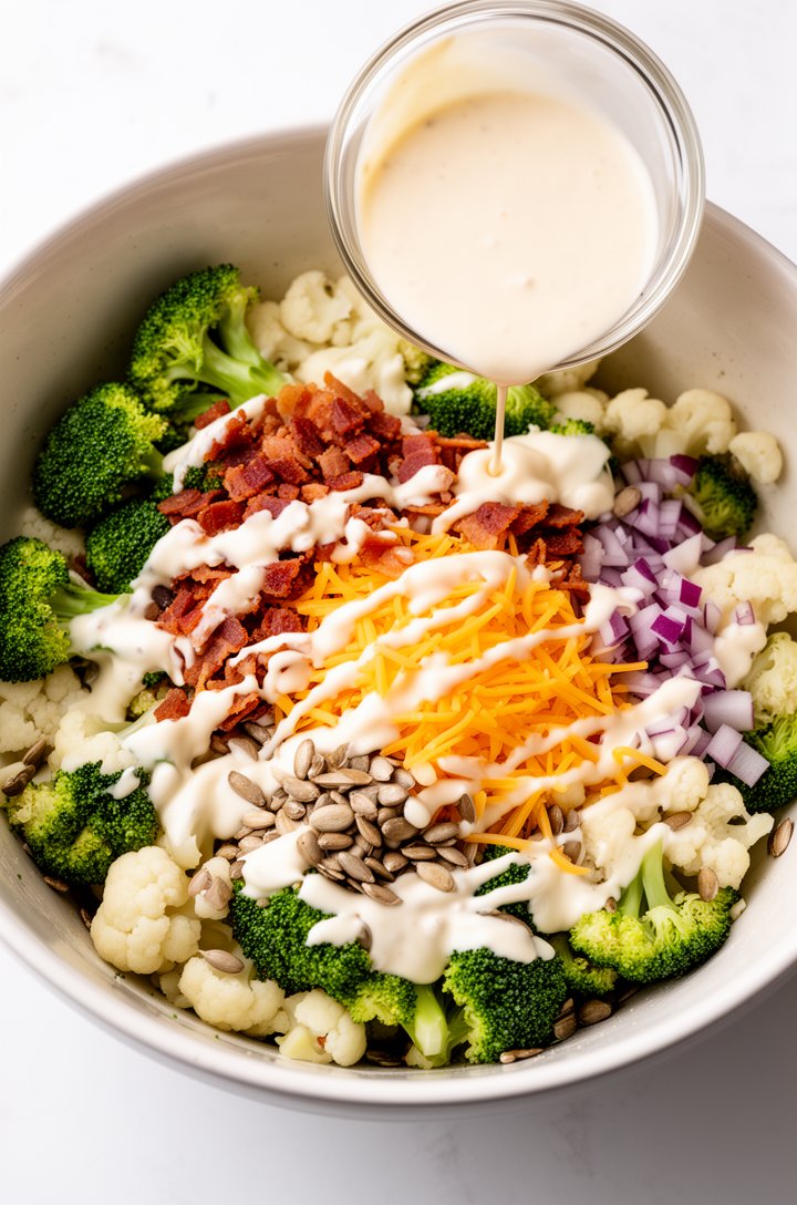 Action shot from above of creamy mayo dressing being poured from a small glass bowl over a large mixing bowl filled with broccoli florets, cauliflower florets, crumbled bacon, shredded cheddar, diced 