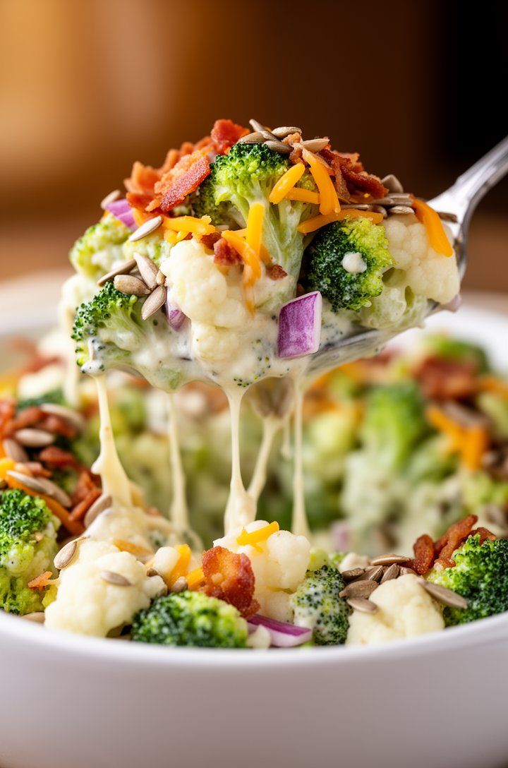 Extreme close-up macro shot of a large spoonful of broccoli cauliflower salad being lifted from a white serving bowl, creamy dressing visibly coating each floret and stretching slightly, crispy bacon 