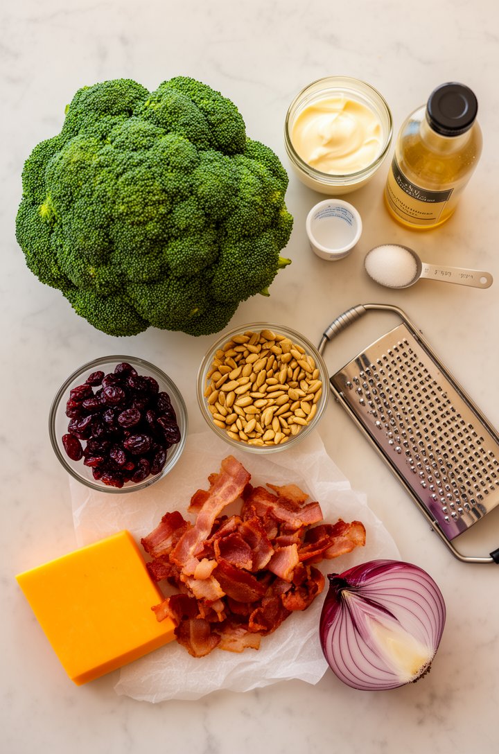 Overhead flat-lay of broccoli salad ingredients arranged on a light marble countertop — a large head of fresh broccoli, a small glass bowl of dried cranberries, a ramekin of golden sunflower seeds, a 