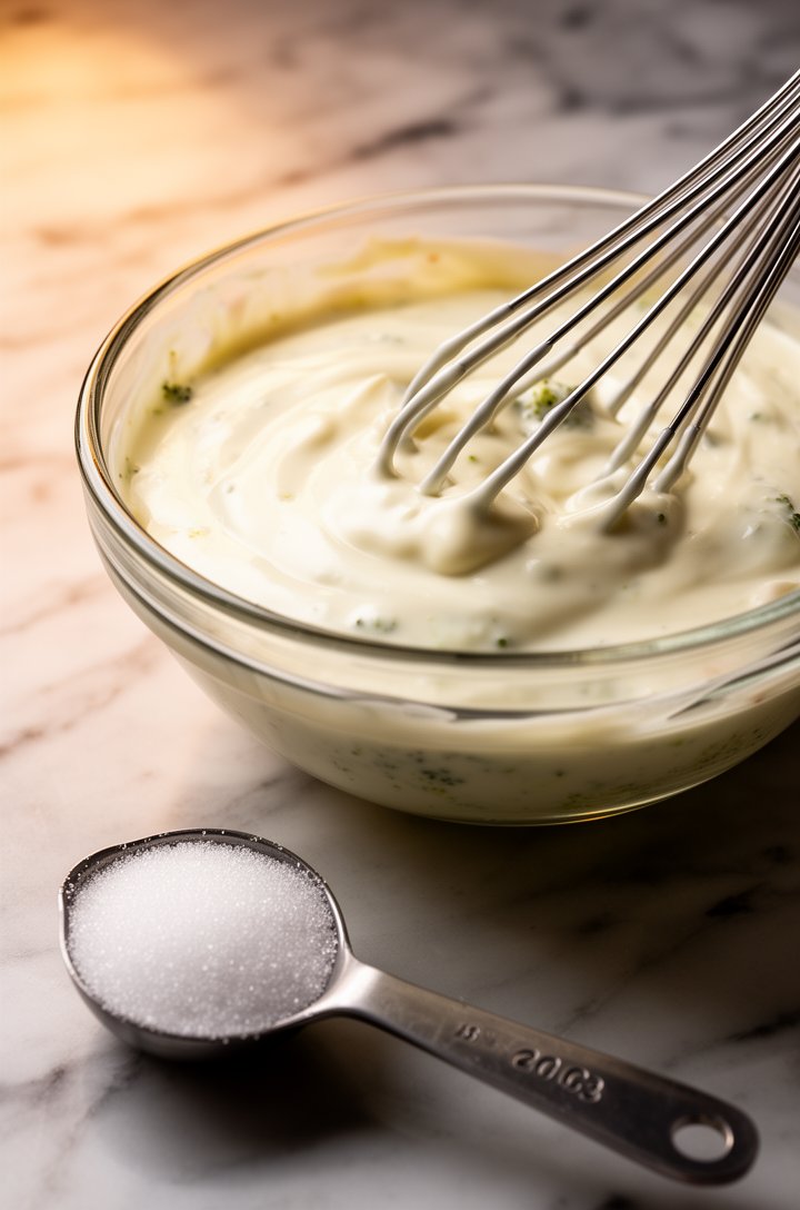 Close-up 30-degree angle of a small glass bowl with creamy white broccoli salad dressing being whisked together, visible texture of mayo and sour cream blending smooth, a measuring spoon of sugar near