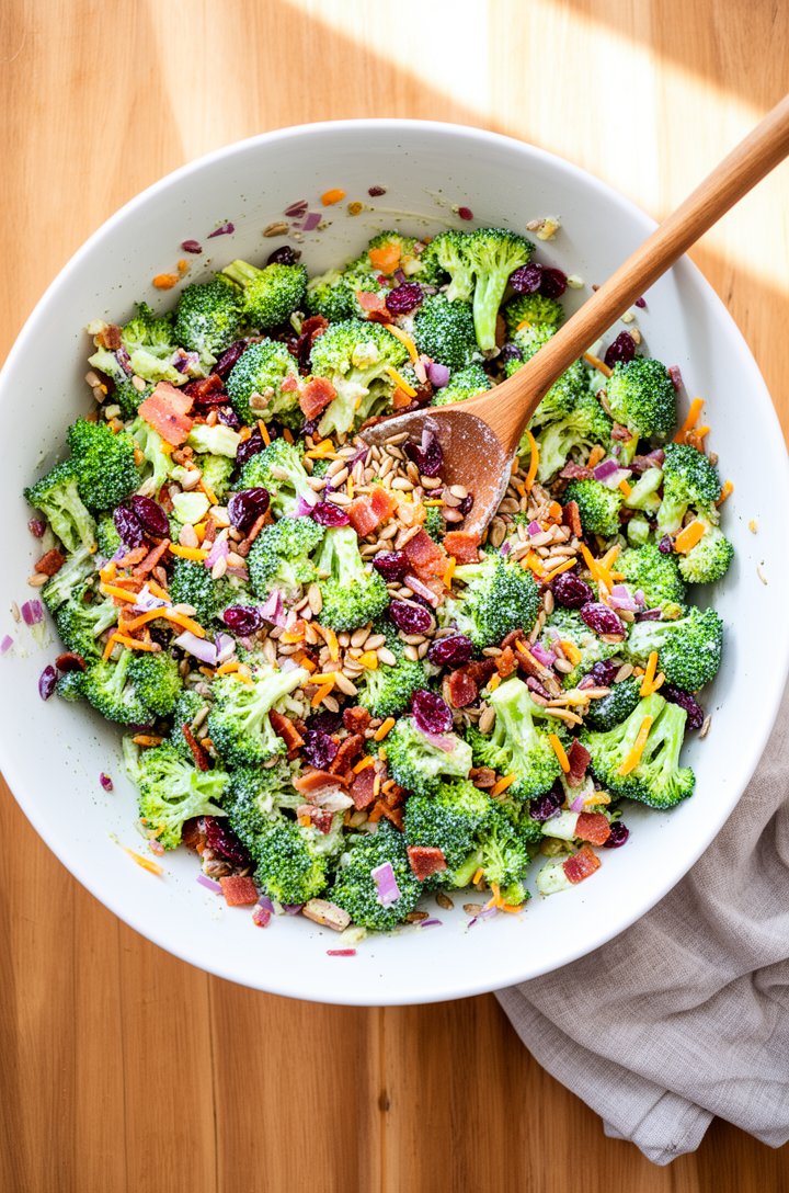 Overhead shot of a large white serving bowl filled with freshly tossed broccoli salad, vibrant green florets coated in creamy dressing with visible pieces of crispy bacon, bright red cranberries, oran