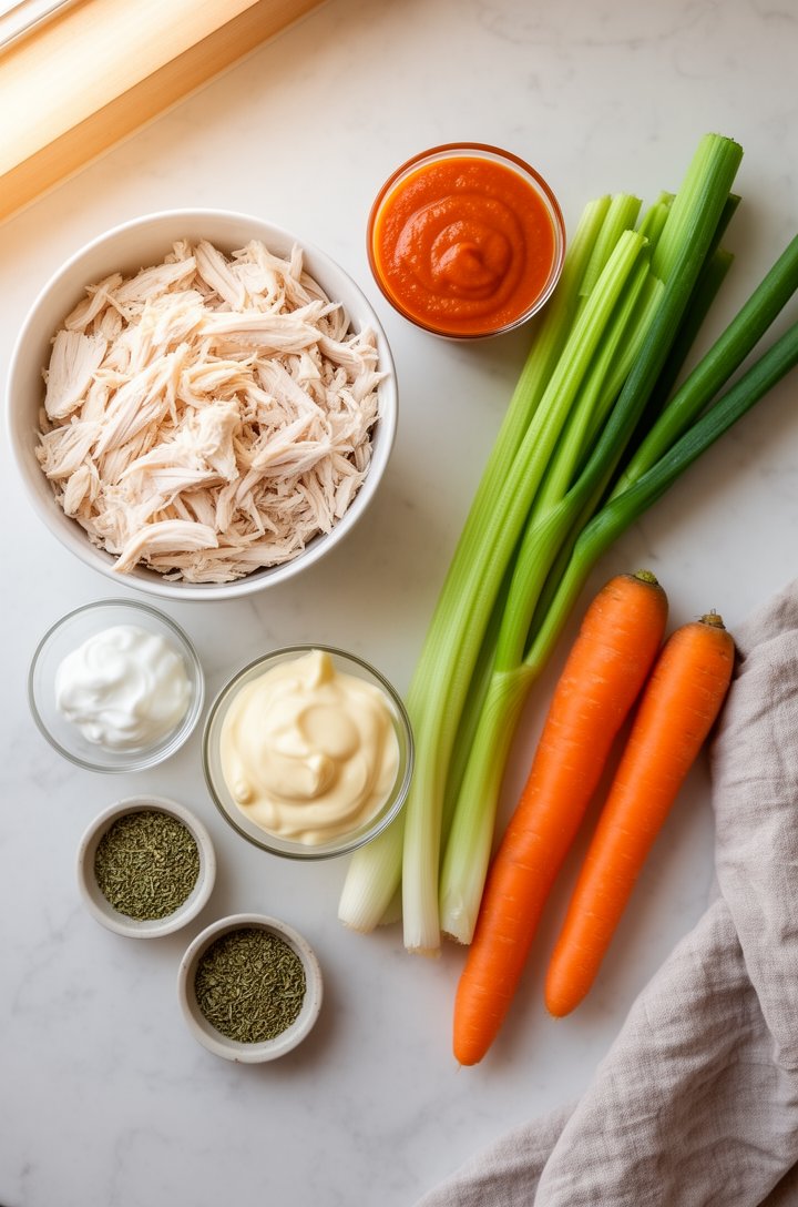 Overhead flat-lay of ingredients for buffalo chicken salad arranged on a light marble countertop — a bowl of shredded white chicken breast, small glass bowls of Greek yogurt, light mayonnaise, and ora