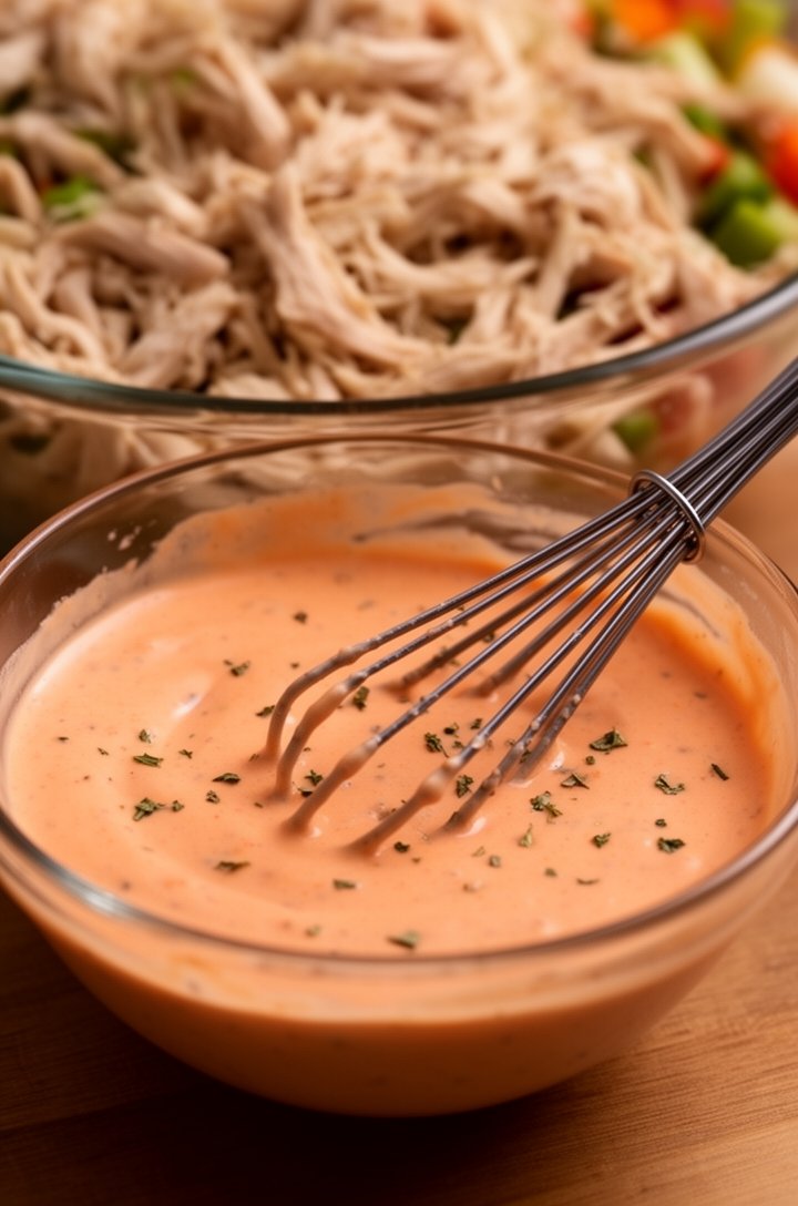 Close-up 45-degree angle of a small glass bowl with creamy buffalo dressing being whisked together — the mixture is a smooth orange-pink color, a small whisk resting in the bowl, tiny flecks of green 