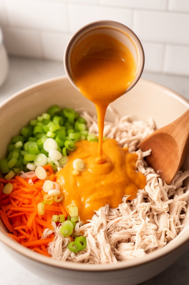Action shot from slightly above of buffalo dressing being poured from a small bowl into a large mixing bowl filled with shredded chicken, diced celery, shredded orange carrots, and sliced scallions, t