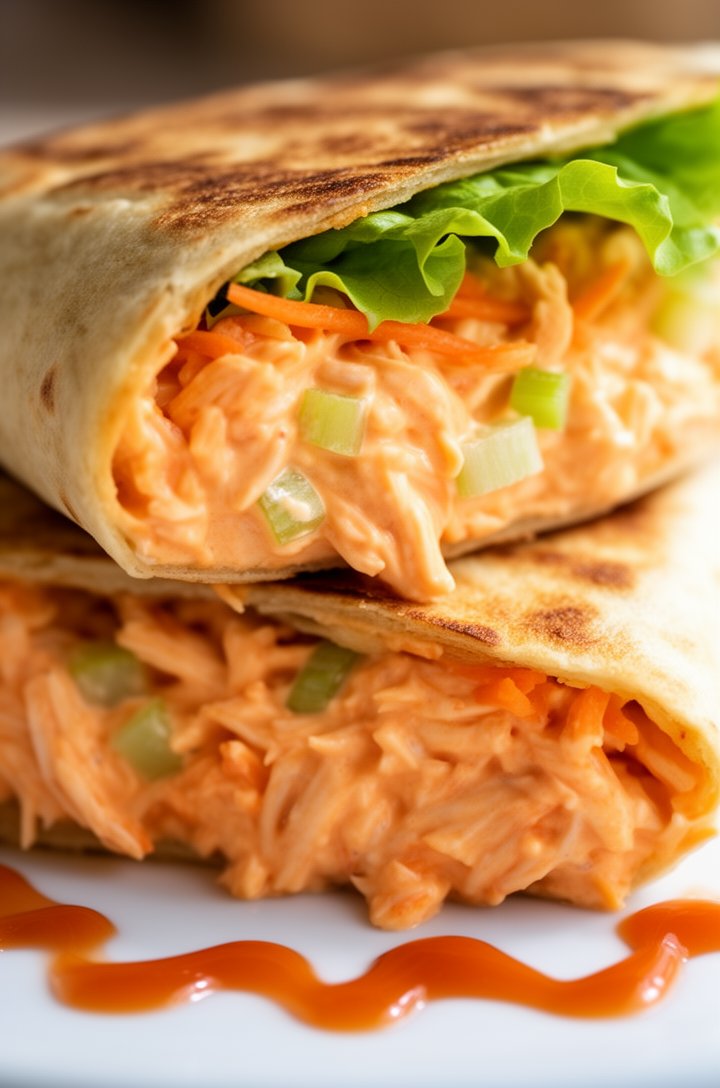 Extreme close-up macro shot of a toasted wrap cut in half and stacked, filled with creamy orange buffalo chicken salad spilling out of the edges, visible shredded chicken, celery bits, and shredded ca