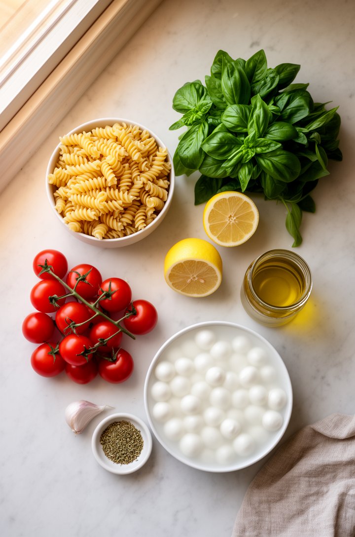 Overhead flat-lay of ingredients for caprese pasta salad arranged on a light marble countertop — a small bowl of dry fusilli pasta, a pile of bright red cherry tomatoes on the vine, a bowl of white mo