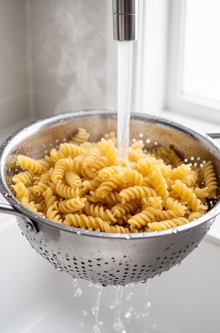 Close-up 30-degree angle of fusilli pasta being drained and rinsed under cold running water in a stainless steel colander, water droplets visible on the spiral pasta, steam rising slightly in the back