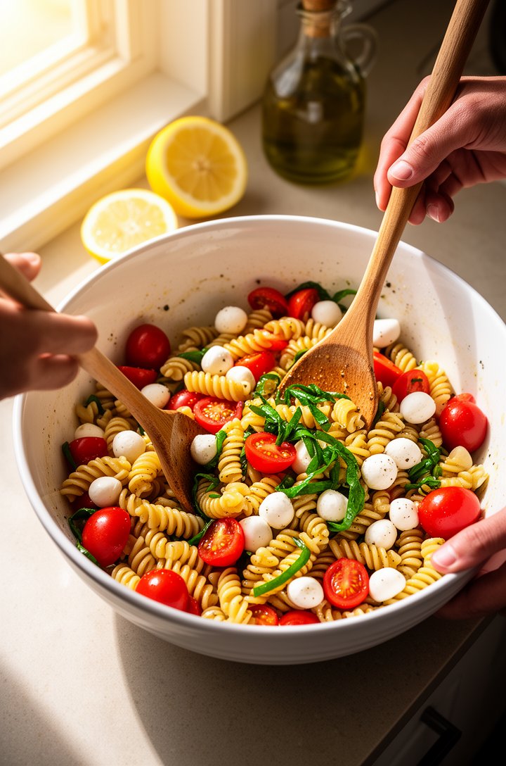 Action shot from above of hands tossing caprese pasta salad in a large white ceramic bowl with wooden salad servers, fusilli pasta glistening with vinaigrette, halved cherry tomatoes bright red among 