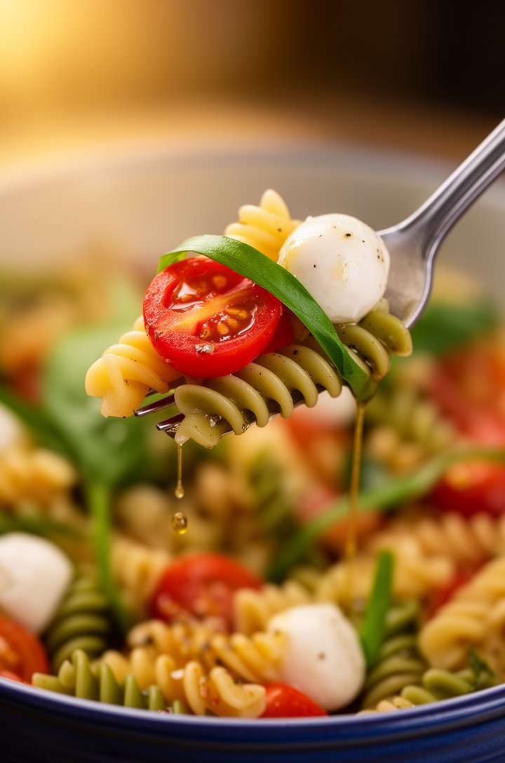 Extreme close-up of a single forkful of caprese pasta salad being lifted from the bowl, two fusilli spirals with a halved cherry tomato and a mozzarella pearl clinging to the tines, thin basil ribbon 