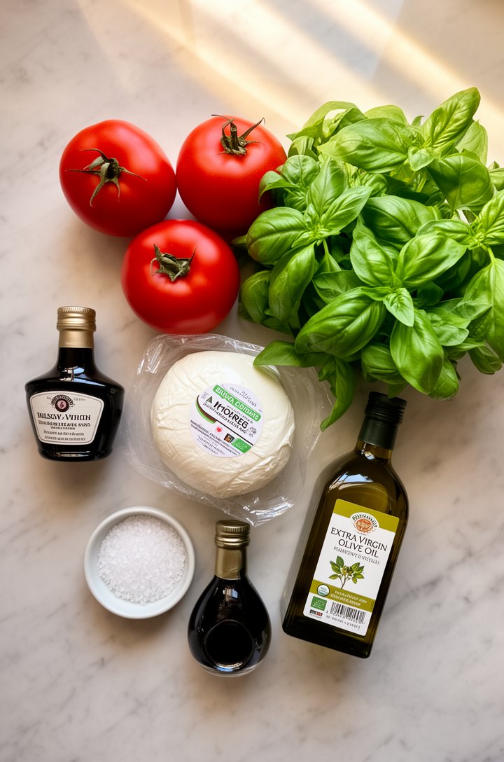 Overhead flat-lay of caprese salad ingredients arranged on a marble countertop — three deep red ripe tomatoes, a ball of fresh white mozzarella in its packaging, a bunch of bright green fresh basil, a