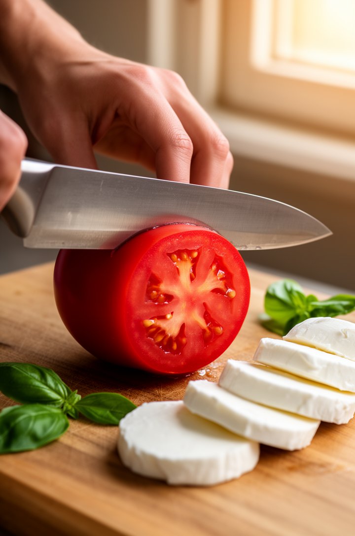 Close-up 45-degree angle of hands slicing a deep red ripe tomato on a wooden cutting board, a sharp knife mid-cut through the tomato showing juicy seeds and flesh inside, sliced rounds of white fresh 