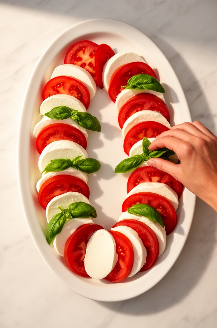 Overhead shot of alternating slices of deep red tomato and creamy white mozzarella being arranged on a white oval ceramic platter, bright green basil leaves being tucked between the slices by a hand e