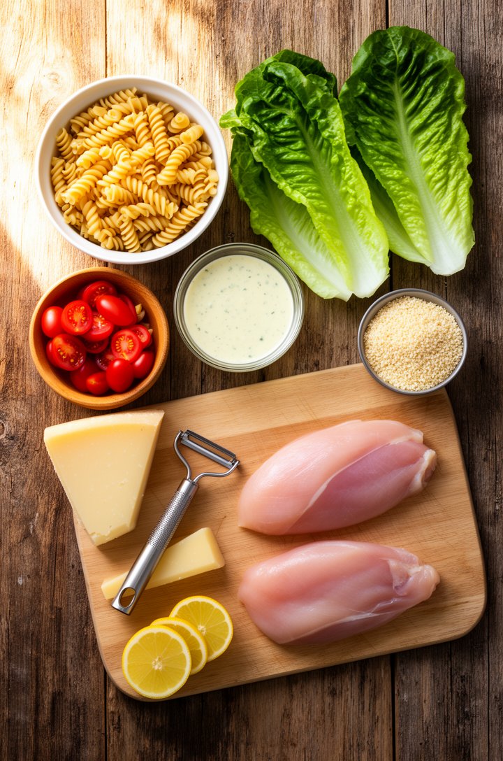 Overhead flat-lay of chicken caesar pasta salad ingredients arranged on a rustic wood surface — a bowl of rotini pasta, two romaine hearts, a small glass bowl of creamy homemade caesar dressing, halve