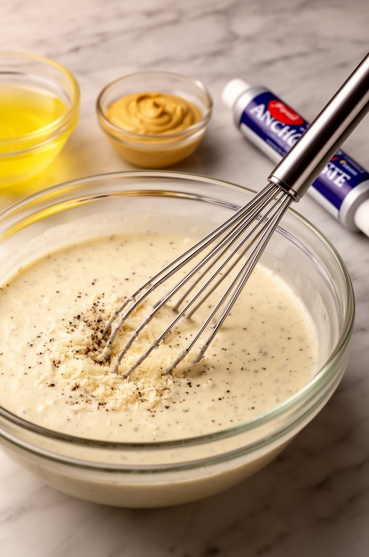 Close-up 45-degree angle shot of a medium glass bowl with creamy homemade caesar dressing being whisked, visible texture showing specks of black pepper and finely grated parmesan throughout the pale i